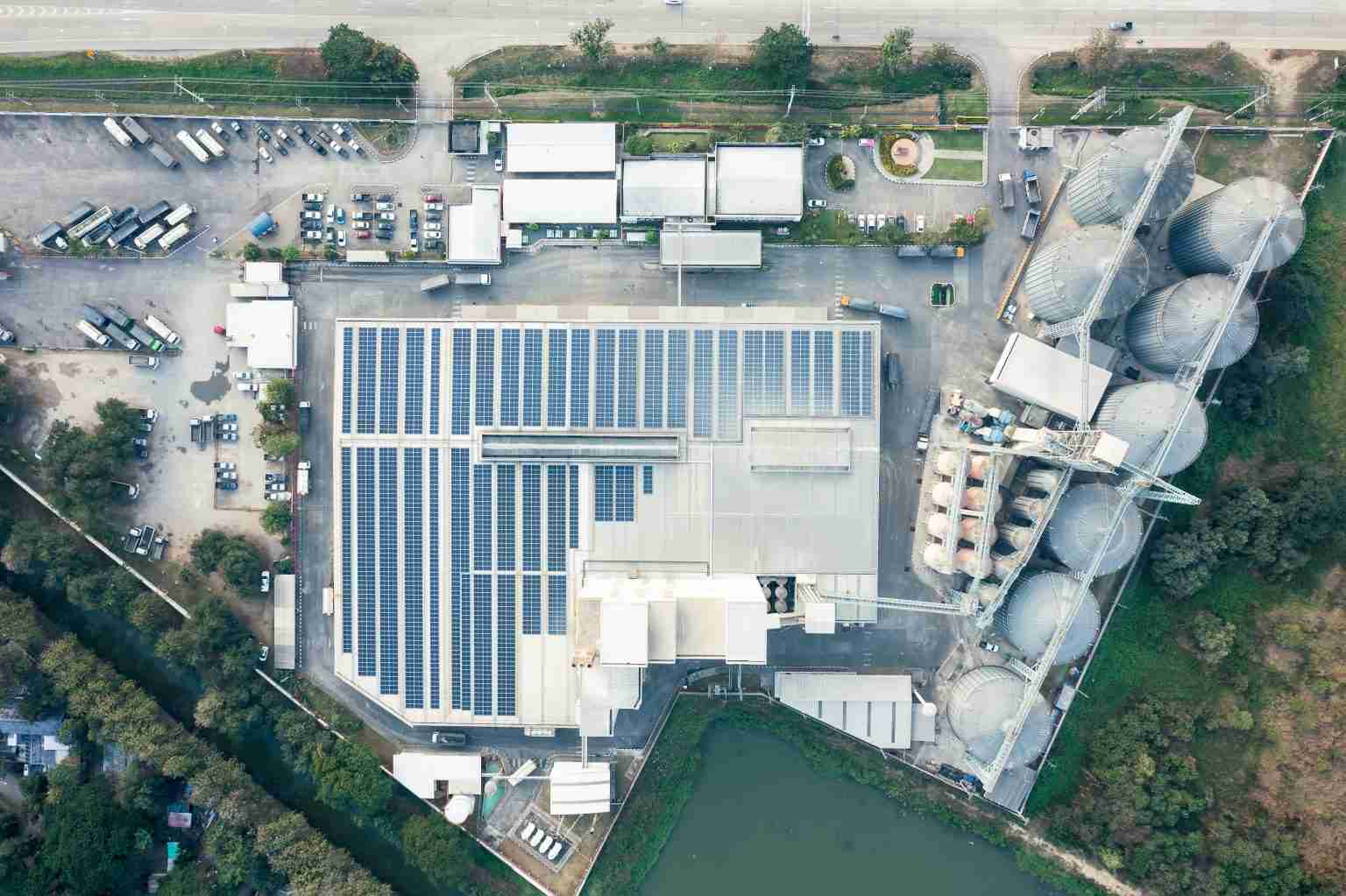 Eco building or factory in aerial view.
