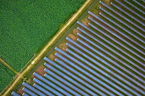 Aerial solar photovoltaic panel on aerial green space